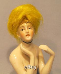 Vintage Germany Porcelain Lady with Blonde Wig Art Deco Half Doll Pin Cushion