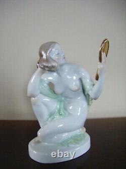 Vintage Herend Hungary Nude Girl with mirror Porcelain Figurine