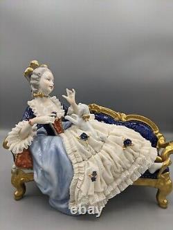 Vintage Large Unterweissbach German Dresden Lady W Dog Porcelain Lace Figurine