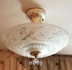 Vintage Light Fixture Chandelier, Porcelain with Glass Shade