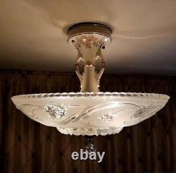 Vintage Light Fixture Chandelier, Porcelain with Glass Shade