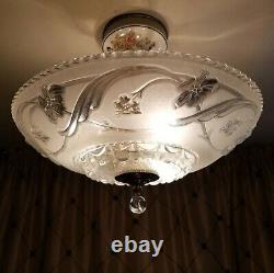 Vintage Light Fixture Chandelier, Porcelain with Glass Shade