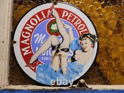 Vintage Magnolia Petroleum Porcelain Sign Art Deco Girlmotor Oil Advertising