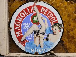 Vintage Magnolia Petroleum Porcelain Sign Art Deco Girlmotor Oil Advertising