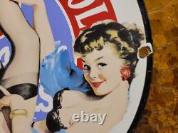 Vintage Magnolia Petroleum Porcelain Sign Art Deco Girlmotor Oil Advertising
