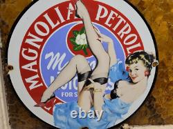 Vintage Magnolia Petroleum Porcelain Sign Art Deco Girlmotor Oil Advertising