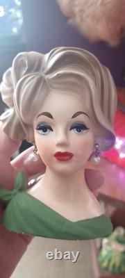 Vintage Napco Lady Head Vase With Lit TREE Green Dress Blue Eyes 4.5 Perfet