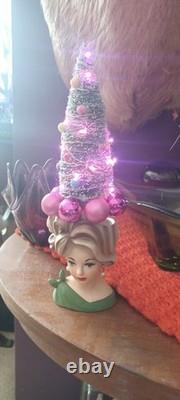 Vintage Napco Lady Head Vase With Lit TREE Green Dress Blue Eyes 4.5 Perfet