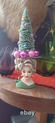 Vintage Napco Lady Head Vase With Lit TREE Green Dress Blue Eyes 4.5 Perfet