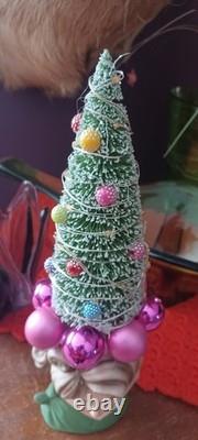 Vintage Napco Lady Head Vase With Lit TREE Green Dress Blue Eyes 4.5 Perfet