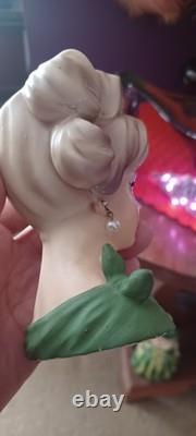 Vintage Napco Lady Head Vase With Lit TREE Green Dress Blue Eyes 4.5 Perfet