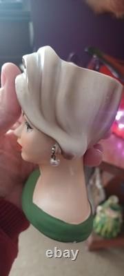 Vintage Napco Lady Head Vase With Lit TREE Green Dress Blue Eyes 4.5 Perfet