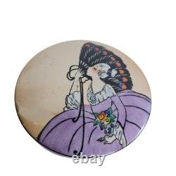 Vintage Noritake porcelain powder box Art Deco Lusterware woman holding a fan