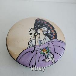 Vintage Noritake porcelain powder box Art Deco Lusterware woman holding a fan