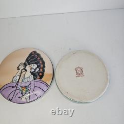 Vintage Noritake porcelain powder box Art Deco Lusterware woman holding a fan