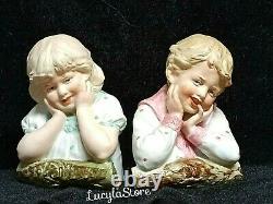 Vintage Pair Bust Gebruder Heubach Bisque Porcelain Girl Boy Miniature Figurine