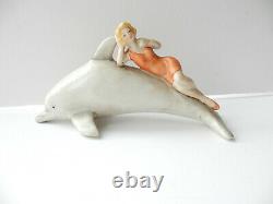Vintage Porcelain Bathing Beauty Lady on Dolphin German Ceramics Art Deco