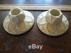 Vintage Rookwood pottery Matte Yellow Candle Holders 1923 Lotus Flower pat PAIR
