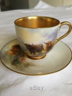 Vintage Royal Worcester Hand Painted Cattle Miniature Cup/Saucer Signed Stinton