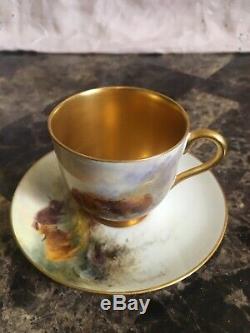 Vintage Royal Worcester Hand Painted Cattle Miniature Cup/Saucer Signed Stinton