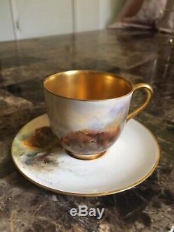 Vintage Royal Worcester Hand Painted Cattle Miniature Cup/Saucer Signed Stinton