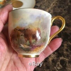 Vintage Royal Worcester Hand Painted Cattle Miniature Cup/Saucer Signed Stinton