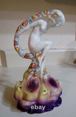 Vintage Signed Art Deco Porcelain Nude Scarf Dancer Flower Frog Germany 3943-EUC