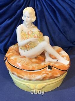 Vintage Trinket Powder Box Art Deco German Porcelain Lady Bathing Beauty