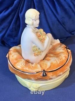 Vintage Trinket Powder Box Art Deco German Porcelain Lady Bathing Beauty