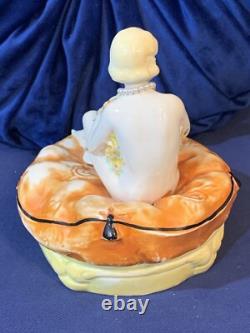 Vintage Trinket Powder Box Art Deco German Porcelain Lady Bathing Beauty