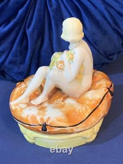 Vintage Trinket Powder Box Art Deco German Porcelain Lady Bathing Beauty