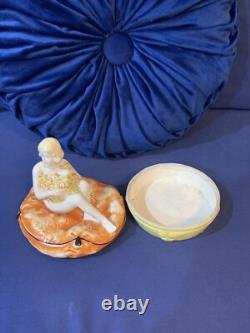 Vintage Trinket Powder Box Art Deco German Porcelain Lady Bathing Beauty