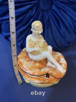 Vintage Trinket Powder Box Art Deco German Porcelain Lady Bathing Beauty