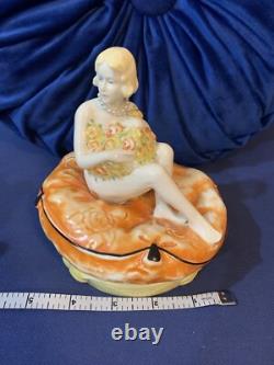 Vintage Trinket Powder Box Art Deco German Porcelain Lady Bathing Beauty