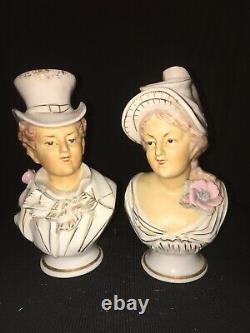 Vintage Victorian Man Lady Busts Planters Porcelain Bisque Head Vases Art Deco