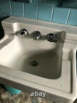 Vintage antique 1950 Mid Century Porcelain Cast Iron Bath Sink Art Deco Chrome