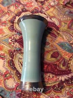 Vintage aqua deMonaco porcelain vase with Sterling Silver accents. Artist Signed