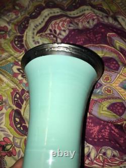 Vintage aqua deMonaco porcelain vase with Sterling Silver accents. Artist Signed