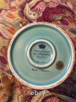 Vintage aqua deMonaco porcelain vase with Sterling Silver accents. Artist Signed
