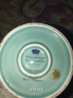 Vintage aqua deMonaco porcelain vase with Sterling Silver accents. Artist Signed
