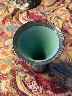 Vintage aqua deMonaco porcelain vase with Sterling Silver accents. Artist Signed