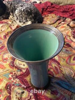 Vintage aqua deMonaco porcelain vase with Sterling Silver accents. Artist Signed