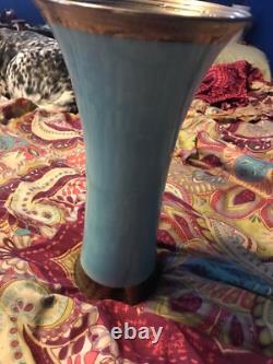 Vintage aqua deMonaco porcelain vase with Sterling Silver accents. Artist Signed