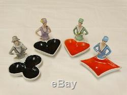 Vtg 1920's Porcelain FLAPPER Figurine Nut Dishes Cloche Hats Lot of 4 Germany