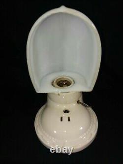 Vtg ART DECO Porcelain Bathroom Wall Light Fixture Milk Glass Sconce + Outlet