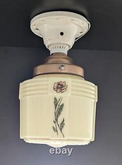 Vtg Art Deco Hanging Light Fixture Custard Glass Shade Porcelain Globe Holder