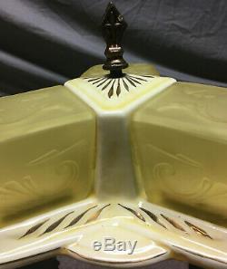 Vtg Art Deco Porcelain Ceiling Light Amber Stained Glass Slip Shades Old 362-19L