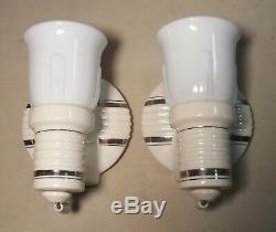 Vtg Art Deco Porcelain Sconce Light Fixture Silver Shade Pair 2 Rewired USA #C24