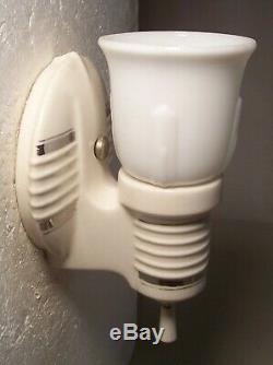 Vtg Art Deco Porcelain Sconce Light Fixture Silver Shade Pair 2 Rewired USA #C24