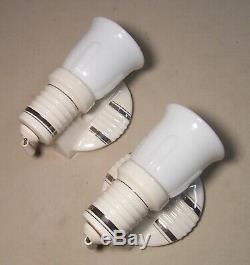 Vtg Art Deco Porcelain Sconce Light Fixture Silver Shade Pair 2 Rewired USA #C24